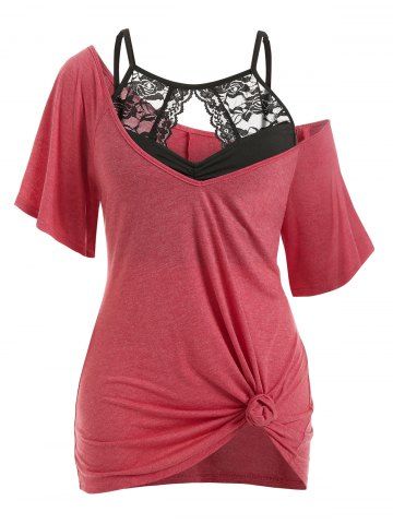 Plus Size Knotted Tunic Tee and Lace Cutout Cami Top Set