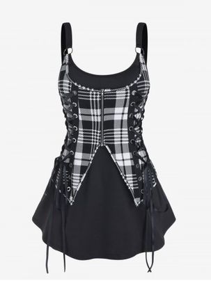 Gothic Lace Up Plaid 2 in 1 Tank Top