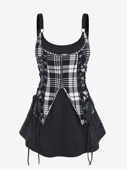 Gothic Lace Up Plaid 2 in 1 Tank Top - BLACK - 1X | US 14-16