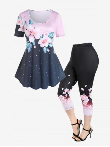 Colorblock Floral Printed T-shirt and Floral Ombre Leggings Plus Size Summer Outfit