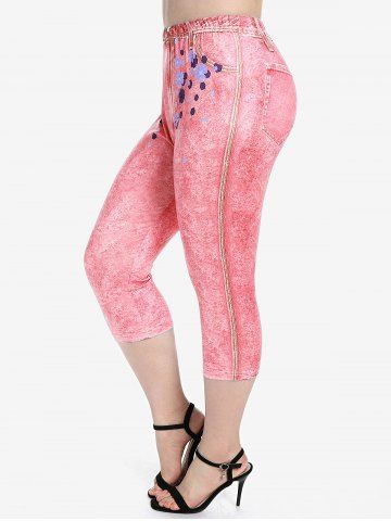 Plus Size 3D Jeans Floral Printed Capri Leggings - LIGHT PINK - 3X | US 22-24