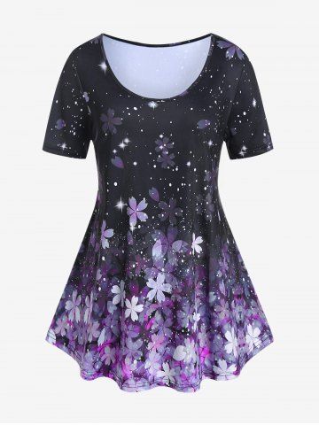 Plus Size Sakura Flower Printed Short Sleeves Tee - PURPLE - 3X | US 22-24