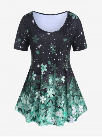 T-shirt à Imprimé Fleur de Cerisier à Manches Courtes de Grande Taille - LIGHT GREEN - 3X | US 22-24