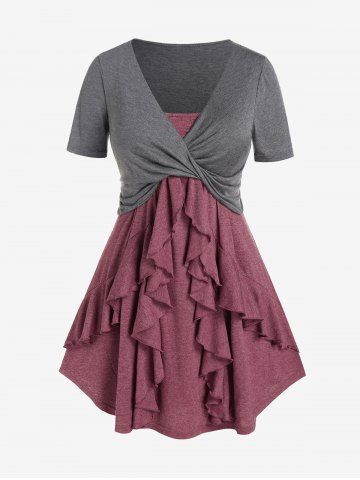 Plus Size Twist Crop Tee and Ruffled Tank Top Set