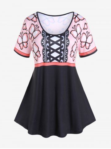 Plus Size Butterfly 3D Lace Up Print Tee