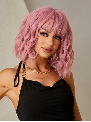 See-through Bang Fluffy Curly Short Synthetic Wig - LIGHT PINK - 12INCH