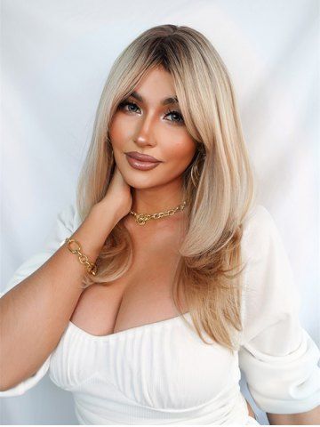 Black Gradient Lighter Golden Layered Wavy Synthetic Wig - CHAMPAGNE GOLD