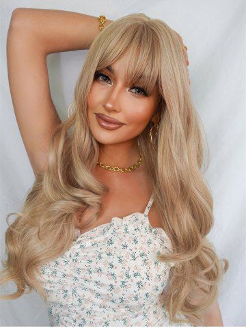 Fluffy Long Wavy Full Bang Synthetic Wig - DARK GOLDENROD