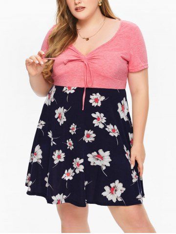 Plus Size Flower Print Cinched Tie Dress