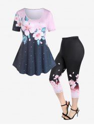 Colorblock Floral Printed T-shirt and Floral Ombre Leggings Plus Size Summer Outfit -  