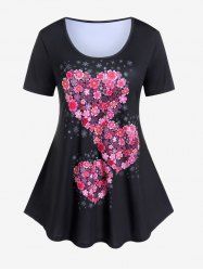 T-shirt à Imprimé Cœur Floral Grande Taille - Noir 5x | US 30-32