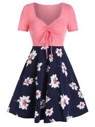 Plus Size Flower Print Cinched Tie Dress -  