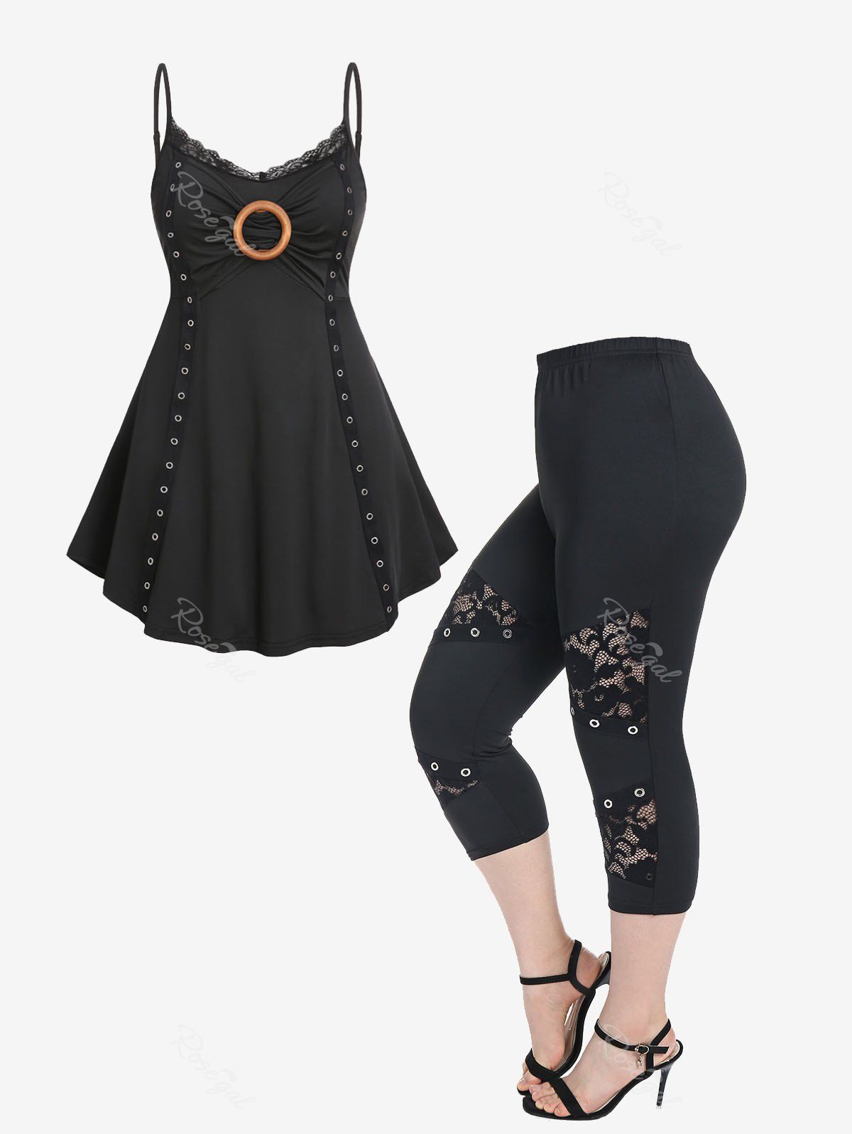 Latest Lace Panel Grommet Tunic Tank Top and Lace Panel Grommet High Waisted Leggings Plus Size Summer Outfit  