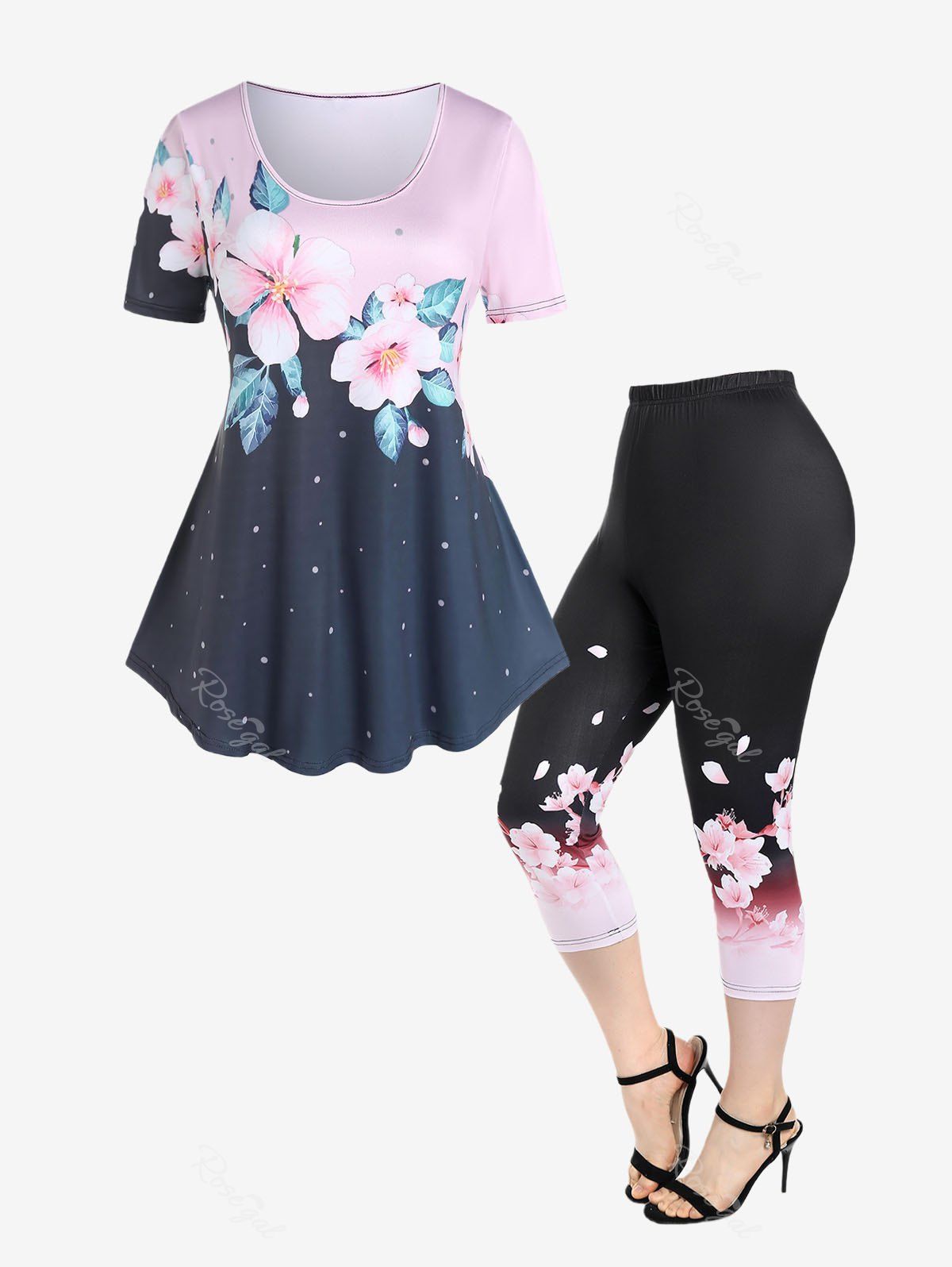 Unique Colorblock Floral Printed T-shirt and Floral Ombre Leggings Plus Size Summer Outfit  