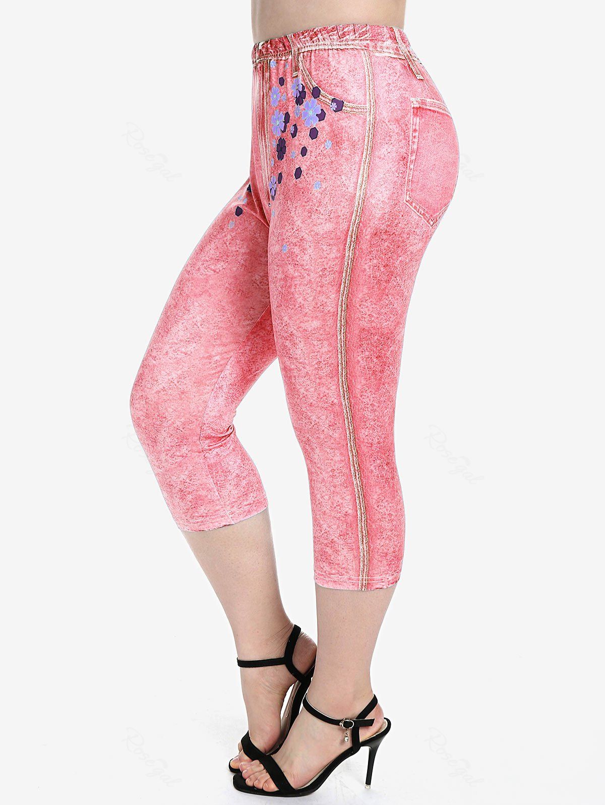 Fancy Plus Size 3D Jeans Floral Printed Capri Leggings  