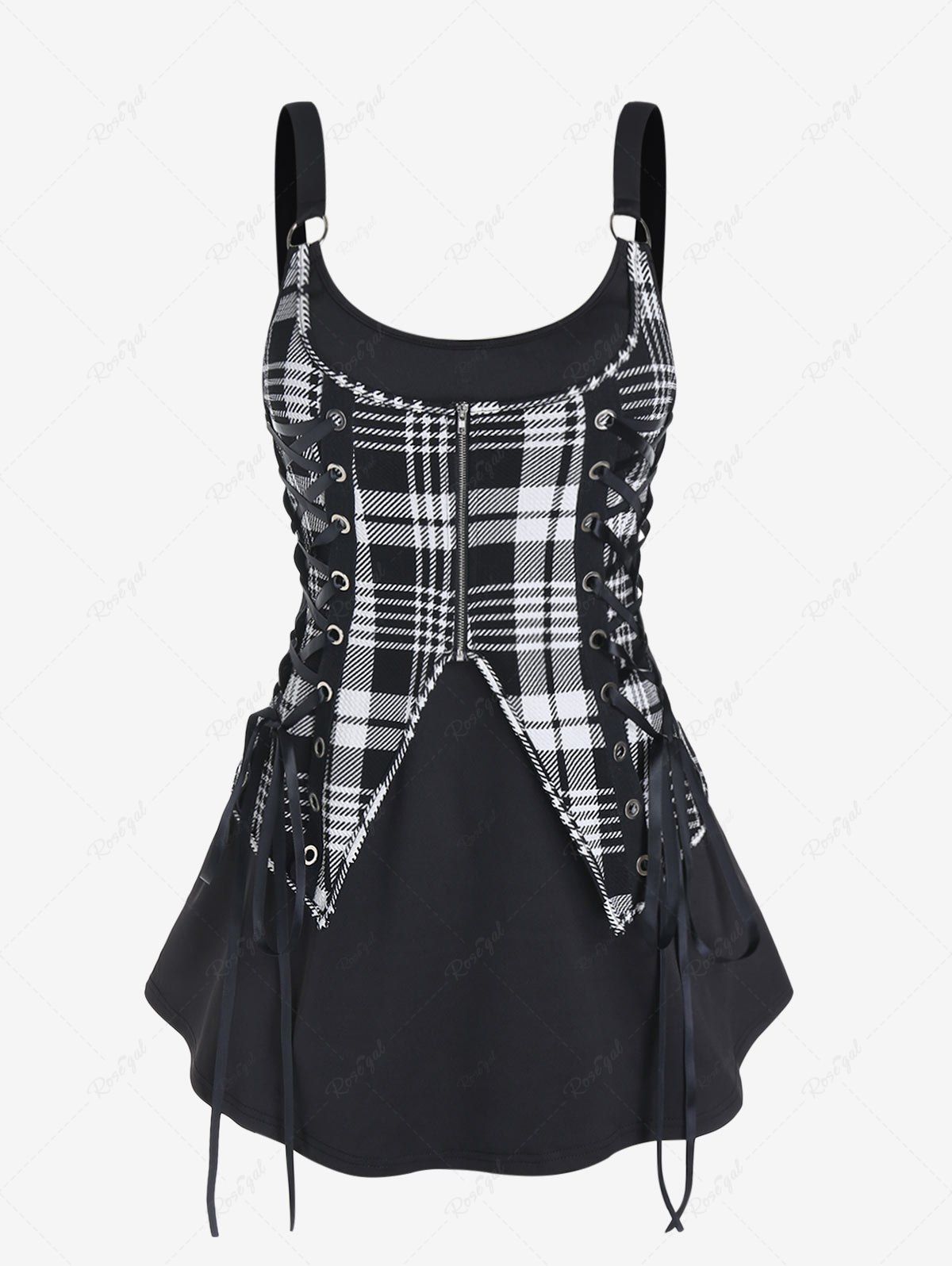 Outfit Gothic Lace Up Plaid 2 in 1 Tank Top  