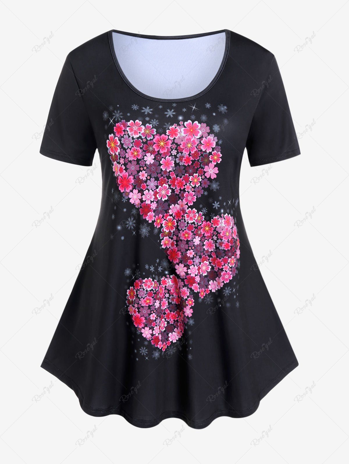 T-shirt à Imprimé Cœur Floral Grande Taille Noir 