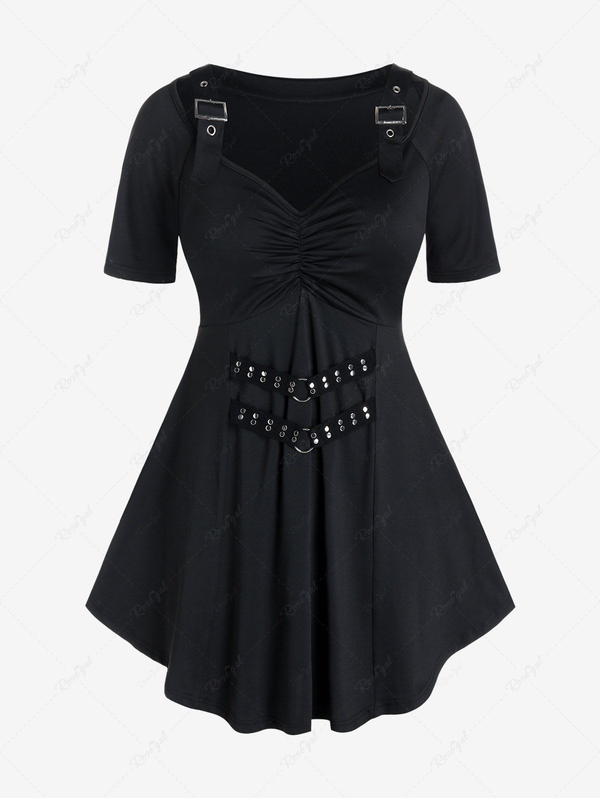 Fancy Plus Size Ruched Buckles Rivets Gothic T Shirt  
