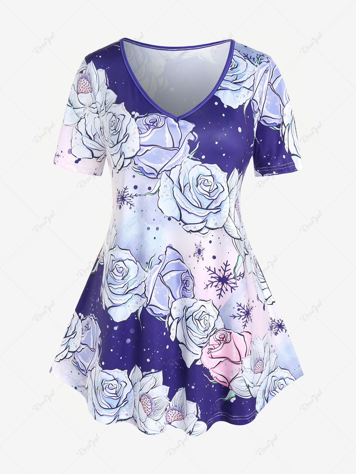 T-shirt à Imprimé Floral de Grande Taille à Col V Bleu profond 5x | US 30-32