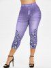 Plus Size 3D Denim Butterfly Printed Capri Jeggings -  