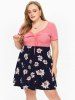 Plus Size Flower Print Cinched Tie Dress -  