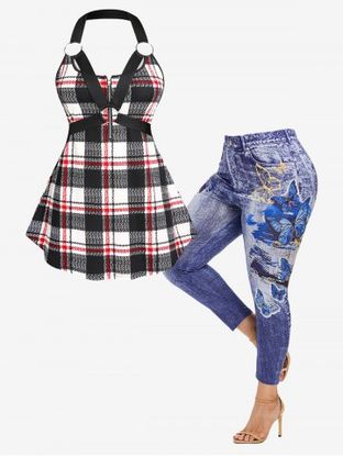 O Ring Harness Plaid Backless Tank Top and 3D Butterfly Jeggings Plus Size Summer Gothic Outfit
