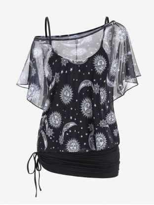 Plus Size Sun Moon Print Skew Neck Sheer Mesh Top and Cinched Camisole Set
