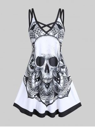 Plus Size Gothic Crisscross Skull Print Dress