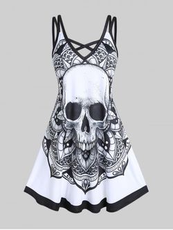 Plus Size Gothic Crisscross Skull Print Dress - WHITE - 5X | US 30-32