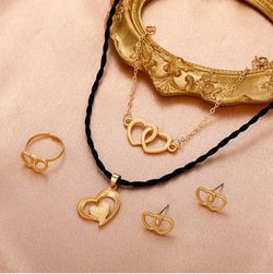Heart Pendant Necklace Ring and Earrings Set - GOLDEN