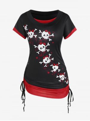 Plus Size Gothic Skull Print Cinched 2 in 1 Tee