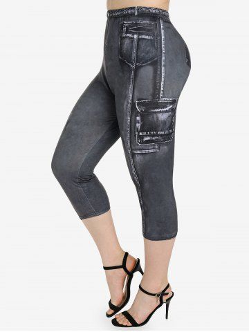Plus Size 3D Jeans Printed High Waisted Capri Leggings - GRAY - 3X | US 22-24