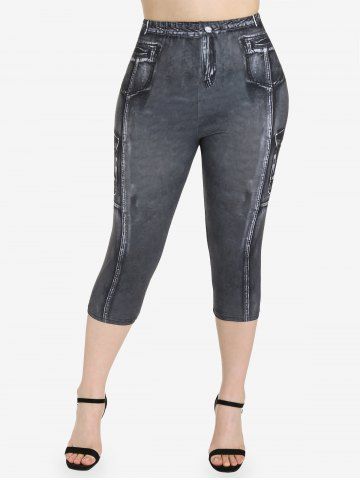 Plus Size 3D Jeans Printed High Waisted Capri Leggings