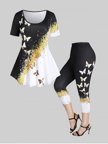 Colorblock Butterfly Print Plus Size Summer Outfit - BLACK