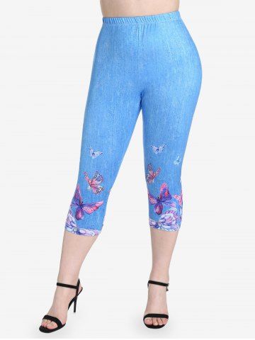 Plus Size  High Waist Butterfly Print 3D Denim Capri Jeggings