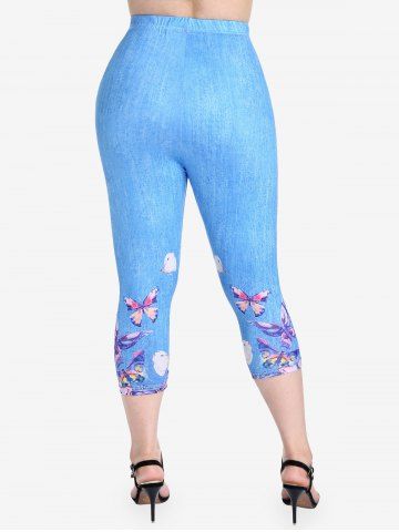 Plus Size  High Waist Butterfly Print 3D Denim Capri Jeggings