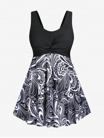 Plus Size Paisley Print Twist Swim Dress - BLACK - 3X | US 22-24