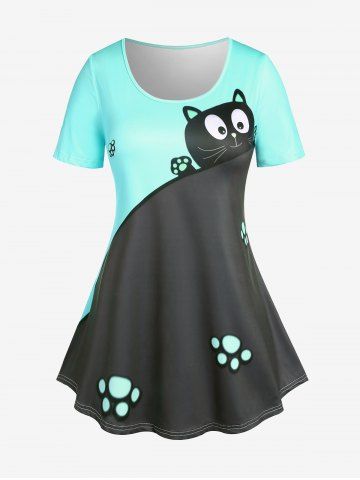 Plus Size & Curve Two Tone Cat Print Short Sleeves Tee - LIGHT GREEN - 3X | US 22-24