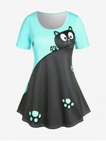 Plus Size & Curve Two Tone Cat Print Short Sleeves Tee - LIGHT GREEN - 1X | US 14-16