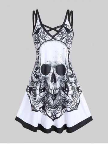 Plus Size Gothic Crisscross Skull Print Dress - WHITE - L | US 12