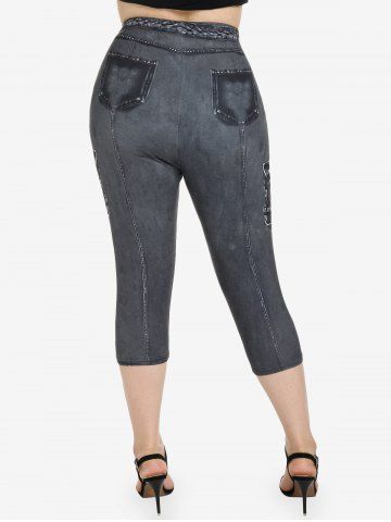Plus Size 3D Jeans Printed High Waisted Capri Leggings
