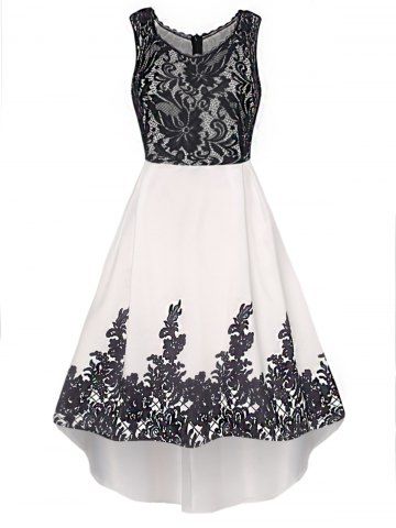 Floral Lace Panel Printed A Line Midi Party Dress - BLACK - S