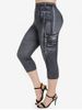 Plus Size 3D Jeans Printed High Waisted Capri Leggings -  