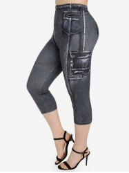 Plus Size 3D Jeans Printed High Waisted Capri Leggings -  