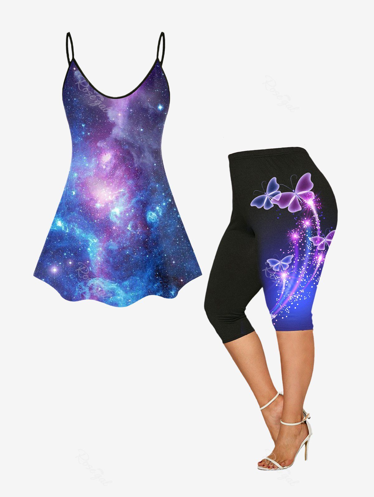 Fashion 3D Galaxy Print Tank Top and Butterfly Print Capri Leggings Plus Size Summer Outfit  