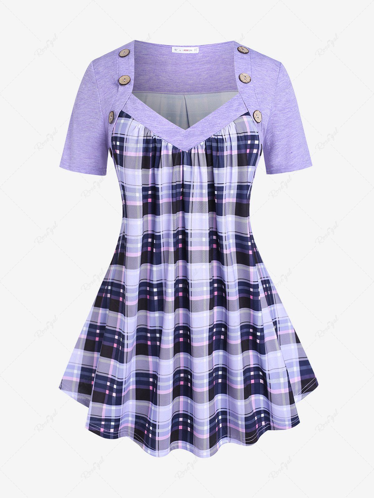 Hot Plus Size Plaid Pleated Buttons T Shirt  