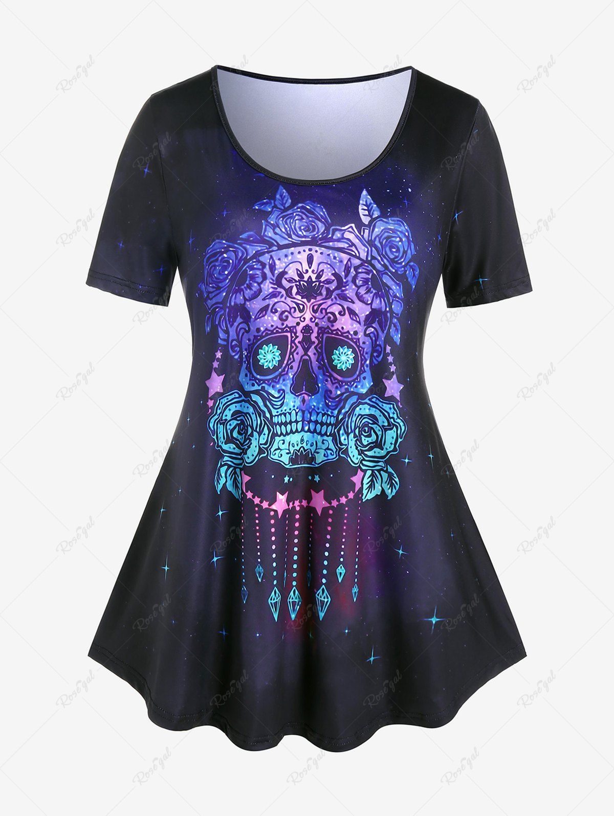 Affordable Plus Size Skull Rose Print Gothic Tee  
