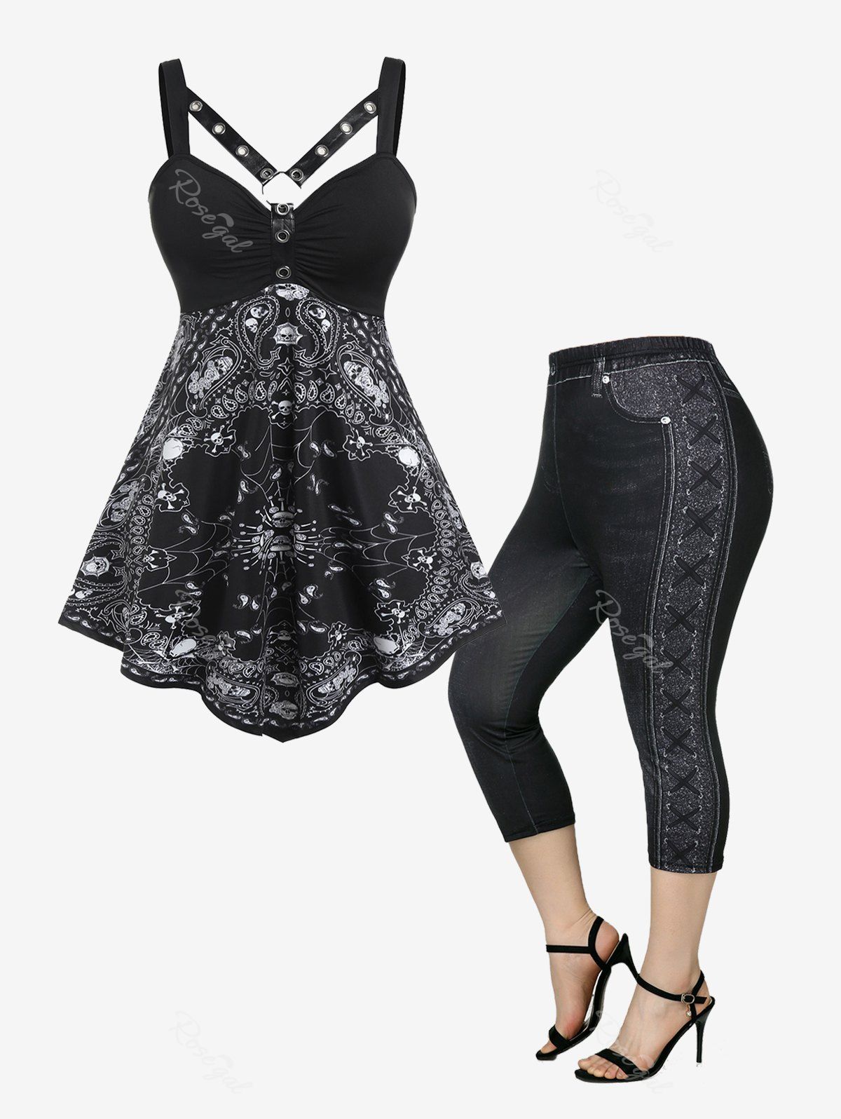 Unique Paisley Skull Harness Gothic Tank Top and Capri Leggings Plus Size Summer Outfit  