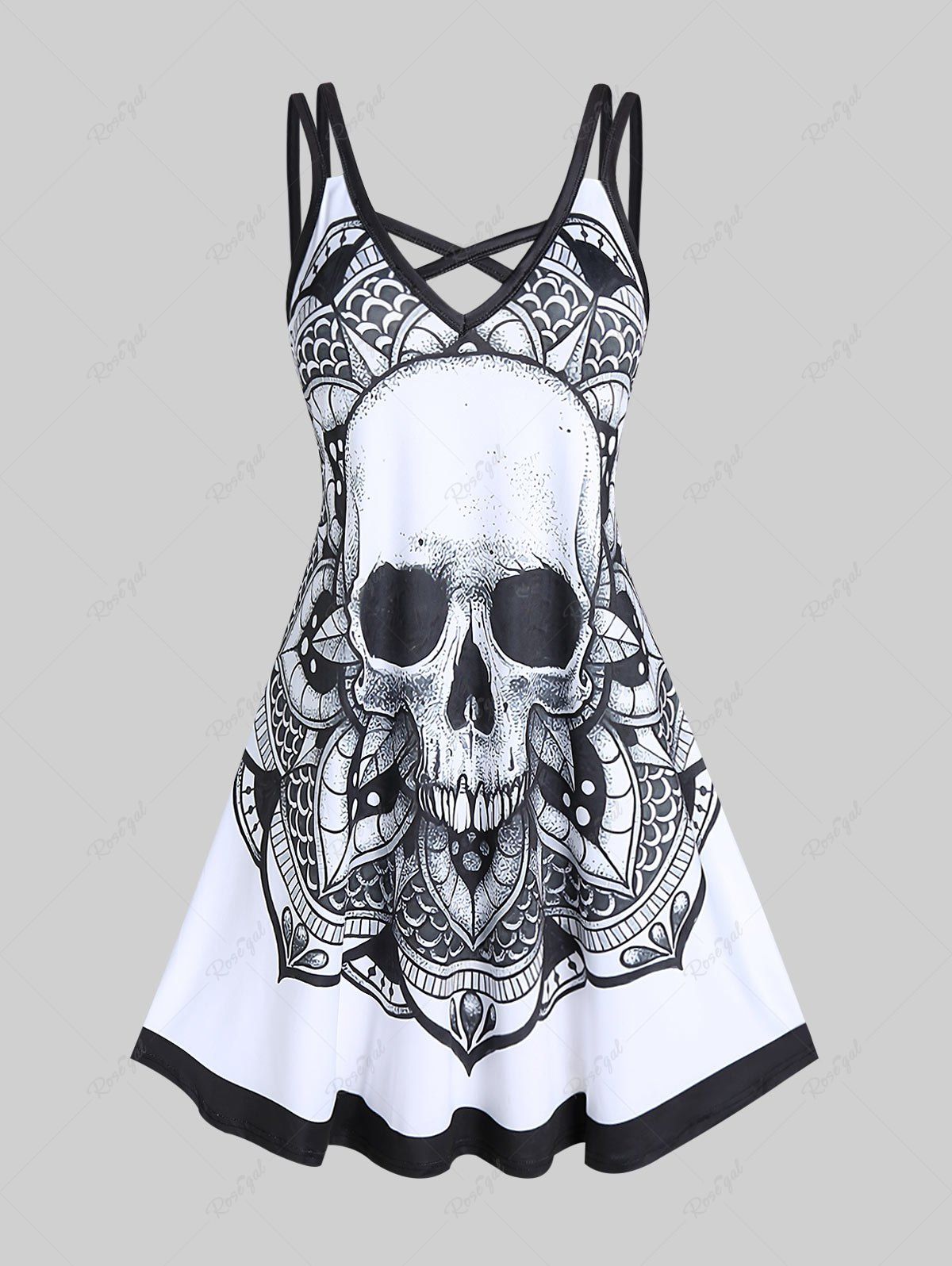 Unique Plus Size Gothic Crisscross Skull Print Dress  