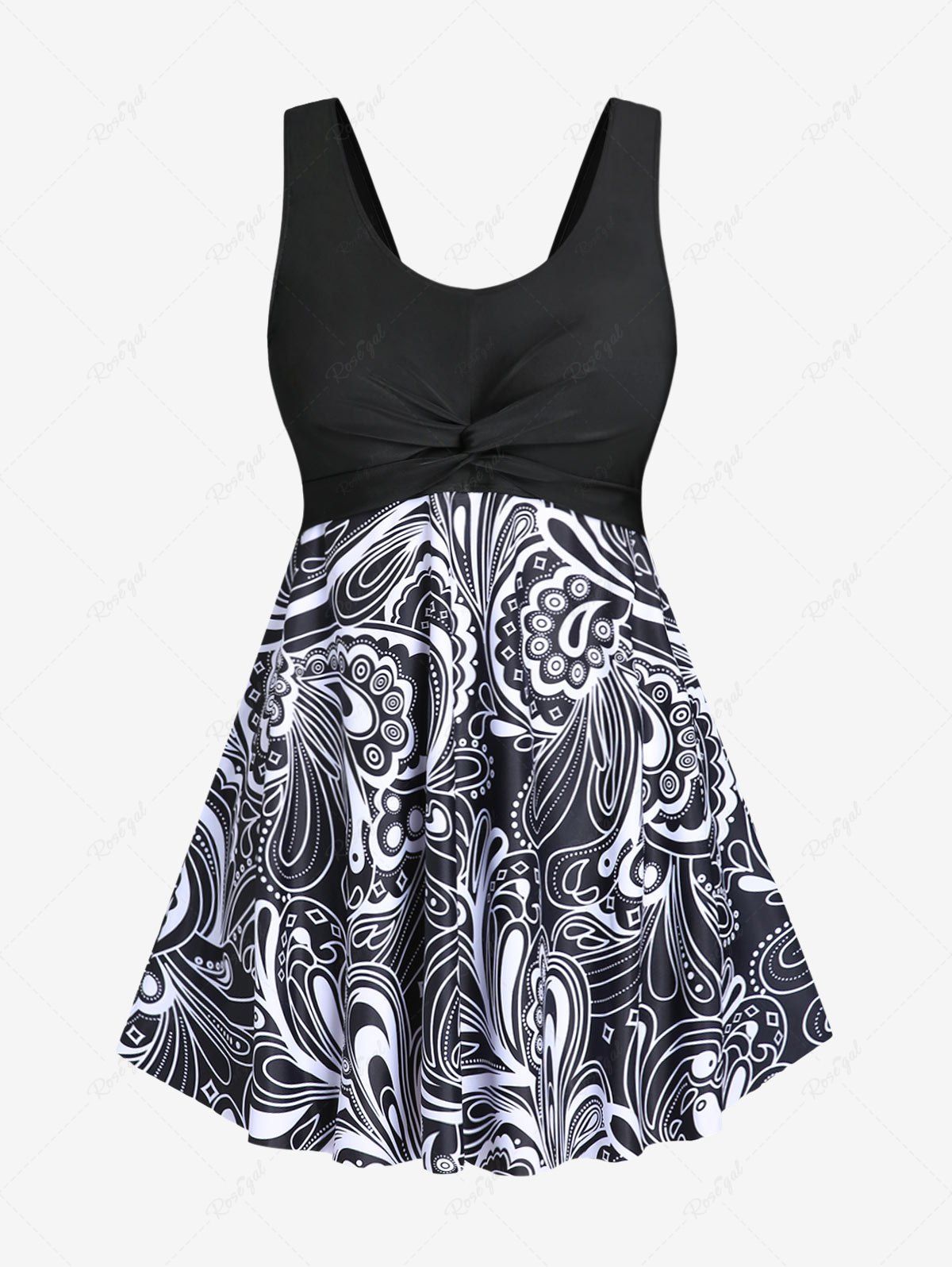 Unique Plus Size Paisley Print Twist Swim Dress  